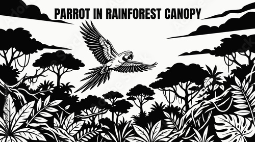 parrot bird wildlife nature landscape sky wings habitat rainforest canopy outdoor environment scenic black and white vector illustration