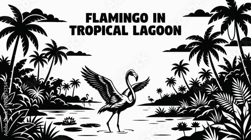 flamingo bird wildlife nature landscape sky wings habitat tropical lagoon outdoor environment scenic migration black and white vector illustration