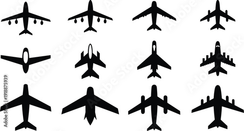 Airplane top view vector silhouettes set with commercial and military aircraft icons, black aviation collection isolated on white background