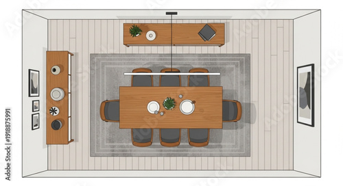 Modern Dining Room Interior Design with Wooden Furniture and Artwork.