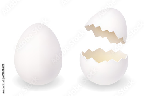 White egg and cracked egg shell halves. Minimal 3D vector Easter illustration