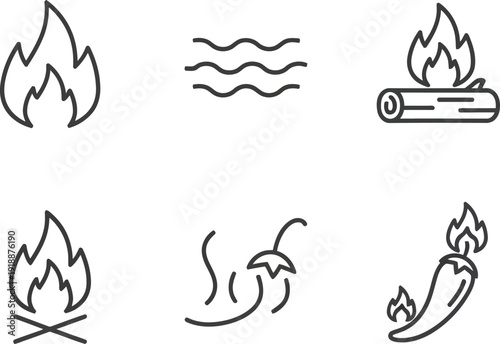 Fire flame icons. Simple burning campfire silhouette symbols, hot chile sauce, bonfire shape. Vector set of fire and flame logos
