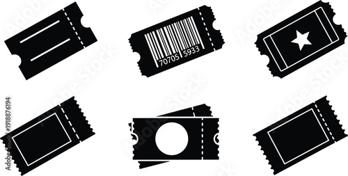 Angled ticket stub icon set with barcode and star symbols, black cinema and event admission pass silhouettes isolated on white background vector collection