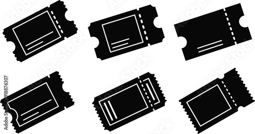 Angled ticket template icon set, black cinema and event admission pass silhouettes with perforated edges and tear line, coupon voucher designs isolated on white