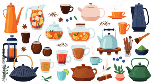 Set of Various Tea Pots, Cups, and Accessories Vector Illustration