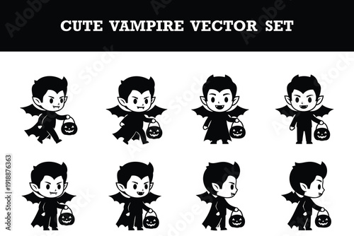 Adorable cartoon vampire characters holding jackolantern buckets in cute poses vector set for halloween designs