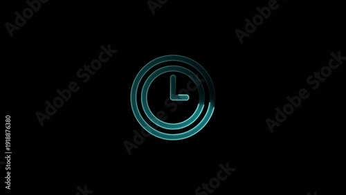 Photos Glowing teal neon clock with simple hour and minute hands on a dark Generate title without using the word Title: before it