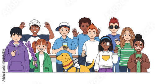 Diverse group of children with disabilities and a yellow guide dog waving and smiling