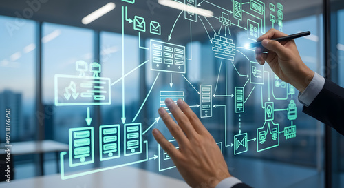 Hand interacts with digital network diagram in modern office setting