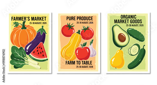 Set of 3 Flat Design Farmer's Market Posters with Fresh Fruits and Vegetables