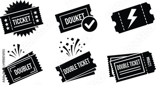 Black double ticket icons collection isolated on white background, vintage cinema and event admission stubs set, retro entry pass vector illustration bundle
