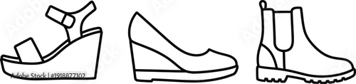 Footwear icon collection with various shoe types for men and women. Minimal line art set includes a sneaker, boot, high heel sandal, and slipper for fashion concepts See Less
