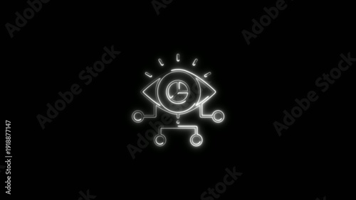 Glowing white robotic eye with clock on black background