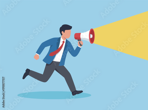 A businessman runs energetically holding a megaphone, representing communication, urgency, and the importance of conveying messages in a corporate environment.