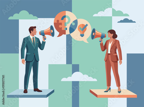 Two business professionals communicate using megaphones, depicting dialogue, exchange of ideas, and collaboration in a visually engaging way that enhances interaction.