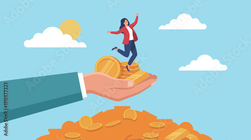 A joyful woman dances on a stack of coins with a hand holding more coins below, illustrating financial success and happiness against a bright sky with clouds.