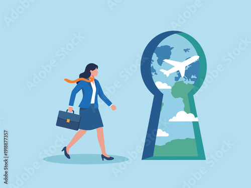 A woman with a briefcase walks towards a keyhole showcasing a beautiful travel destination, representing the unlocking of global travel opportunities for business and exploration.