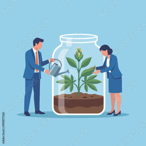 A man and a woman water a plant inside a jar, symbolizing nurturing business growth with care and attention to detail. The visuals capture the essence of collaboration and growth.