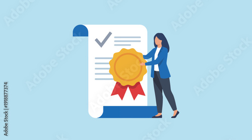 A woman proudly presents a certificate with a seal, symbolizing achievement and recognition in professional qualifications, illustrating the importance of certification in career advancement.