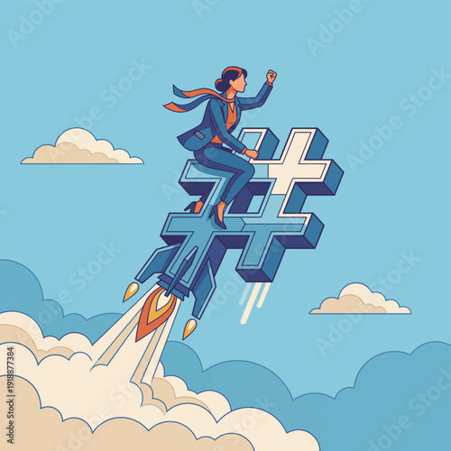 A woman riding a hashtag-shaped rocket represents the dynamic world of social media marketing and the power of digital strategy to propel brands to new heights.