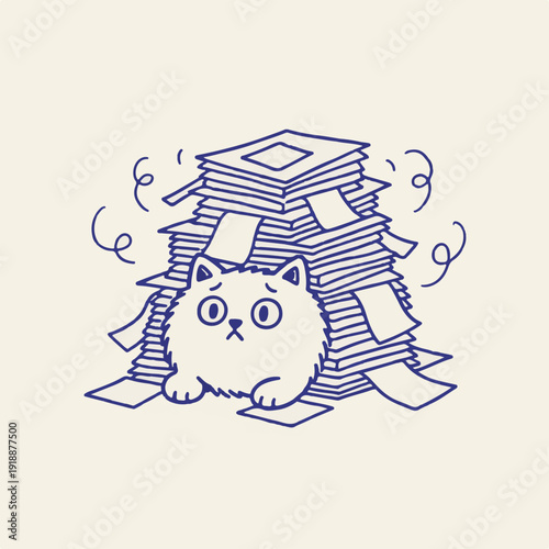 Overwhelmed Cat Buried in Paperwork Pile Blue Vector Illustration for Bureaucracy Tax Season and Heavy Workload Management