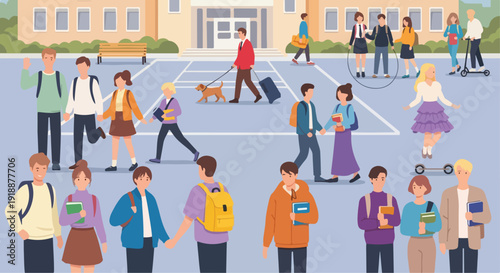 Diverse Group of Students Walking Outside Modern School Building Illustration