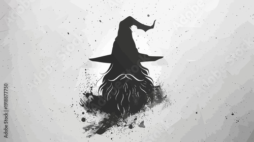 Silhouette of a wizard with a long beard and hat against a white backdrop