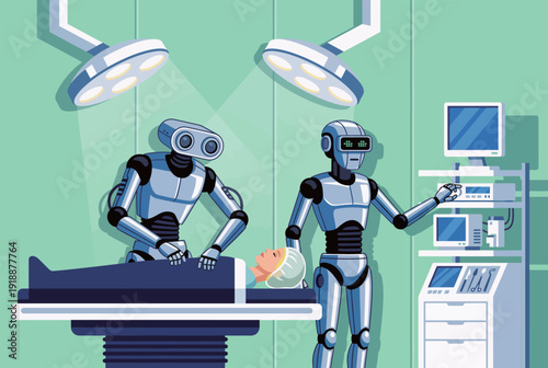 In this futuristic image, robotic surgeons administer medical care in an operating room, showcasing advancements in technology and the integration of AI in healthcare.