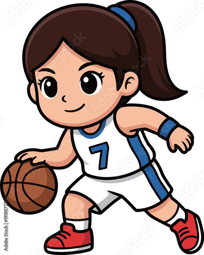 A spirited cartoon girl dribbles a basketball, showcasing energy and determination in sports, embodying youth and the joy of playfulness in a colorful design.