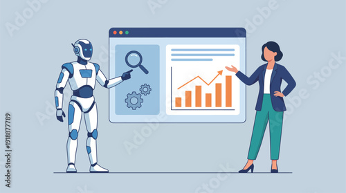 A robot and a businesswoman stand beside a digital screen showcasing analytical graphics, symbolizing the synergy between technology and human intelligence in data analysis.