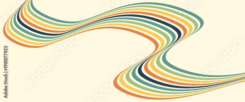 Abstract colorful 70s background vector. Vintage retro wallpaper with rainbow stripes and wavy lines. A 1970 color illustration suitable for posters, banners, decorative items and wall art.