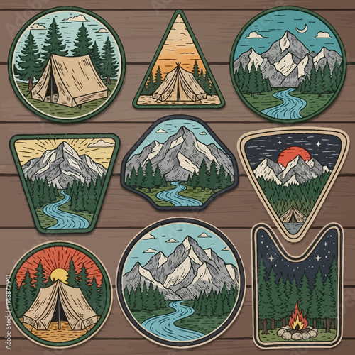 Nine nature scene patches mountains, tents, rivers, trees, campfire, night sky