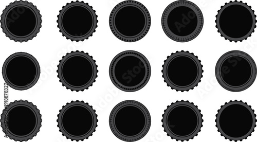 Camera lens and gear style circular frames vector set with detailed round borders, black mechanical ring icons isolated on white background