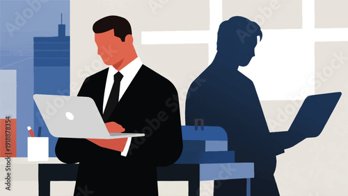 Illustration Of A Professional Standing Holding A Laptop, But His Reflection Is Wearing Casual Clothes At Home Vector Design Template