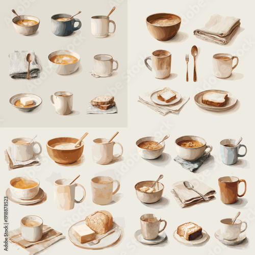 Watercolor rustic tableware set with ceramic bowls, cups, plates, spoons and folded napkins isolated on white for kitchen, cafe and food styling design