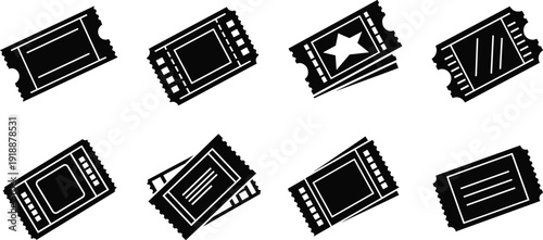 Cinema ticket icon set with film strip and star elements, black event admission pass silhouettes and coupon voucher templates isolated on white background vector collection
