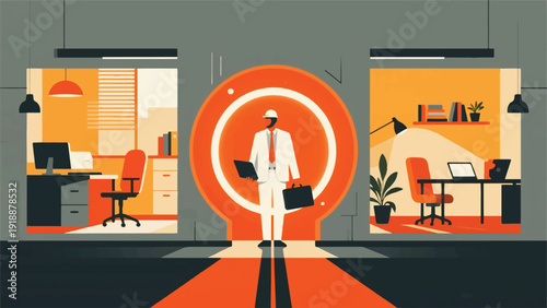 Illustration Of A Worker Standing In Front Of A Portal, The Left Side Of The Portal Displays A Modern Office Interior, The Right Side Displays A Cozy Home Workspace Vector Design Template