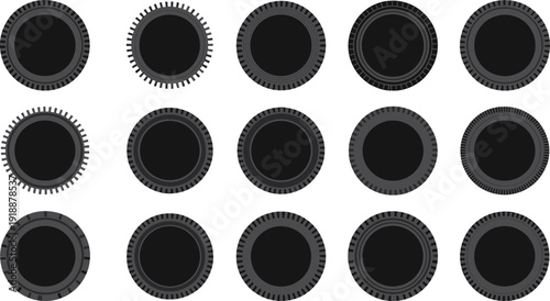 Camera lens top view vector set with detailed circular optics elements, black aperture icons isolated on white background