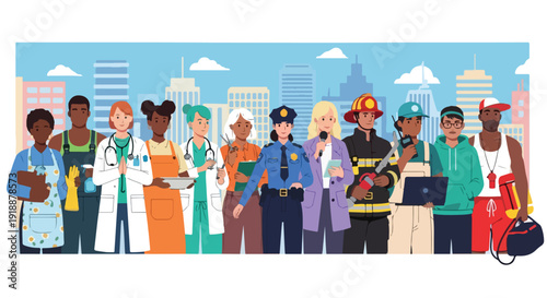 Diverse Group of Essential Workers Standing in Front of City Skyline Vector Illustration