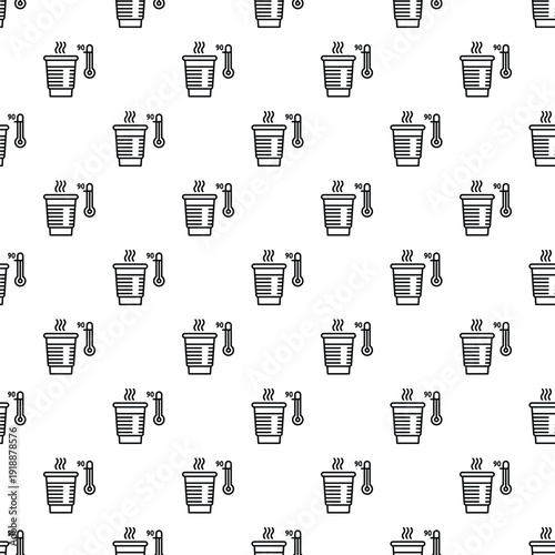 Seamless pattern of hot steaming cups with thermometers indicating 90 degrees celsius