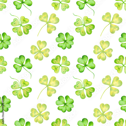 Seamless pattern with clovers and four leaf clover petals. Watercolor illustrations. Hand drawn isolated art. Irish symbol of St. Patrick's Day. Design for packaging, fabric, textiles, backgrounds.