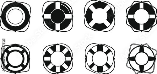 Collection of black and white lifebuoy icons, life ring flotation device symbols, nautical rescue equipment silhouettes isolated on white background, maritime safety illustration set