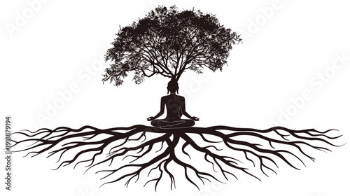 Meditating figure under tree silhouette representing mindfulness and nature