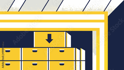 Logistics and transportation graphic illustrating cargo handling from a container with a downward arrow