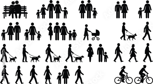 Family and people silhouettes vector icon set featuring couples, parents with children, dog walkers, cyclists and pedestrians isolated on white background