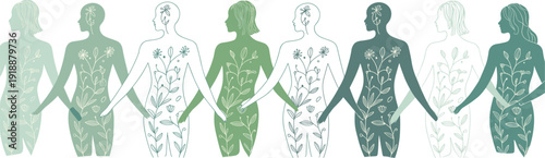 Female human silhouettes with floral botanical patterns holding hands set isolated on white background, eco unity and nature inspired vector illustration collection