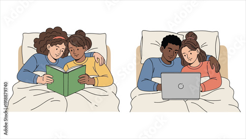 Vector illustration of multicultural couples enjoying cozy moments in bed—reading, browsing on laptops, and embracing a flexible remote work and leisure lifestyle for inclusive marketing themes