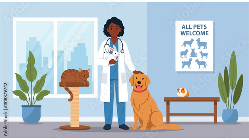 Veterinarian with Various Pets – Flat vector illustration of a friendly vet standing alongside a dog, cat, and rabbit, representing inclusive and compassionate pet care in a modern flat style