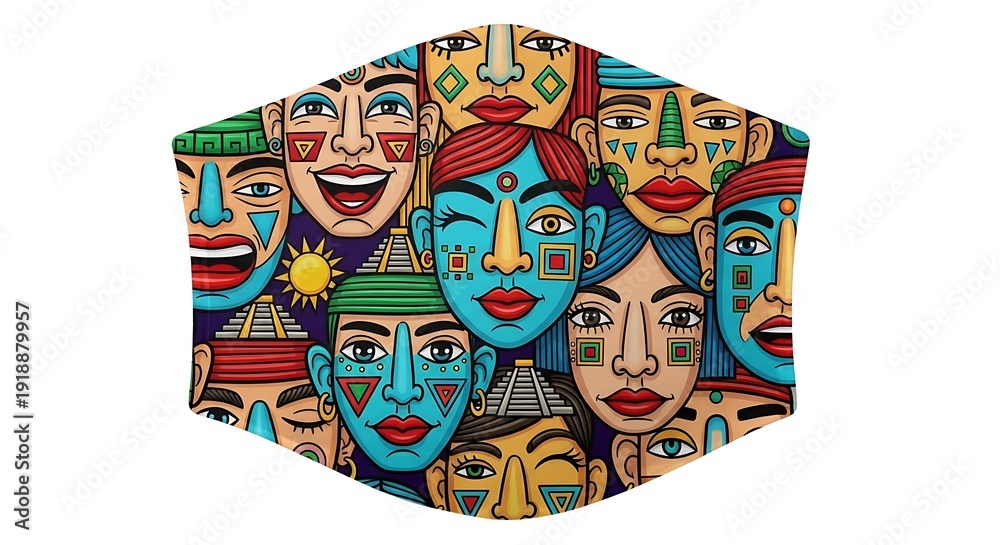 Fototapeta premium Colorful illustration of diverse faces pattern on fabric mask design