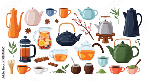 Set of 27 Colorful Tea Pots and Cups Vector